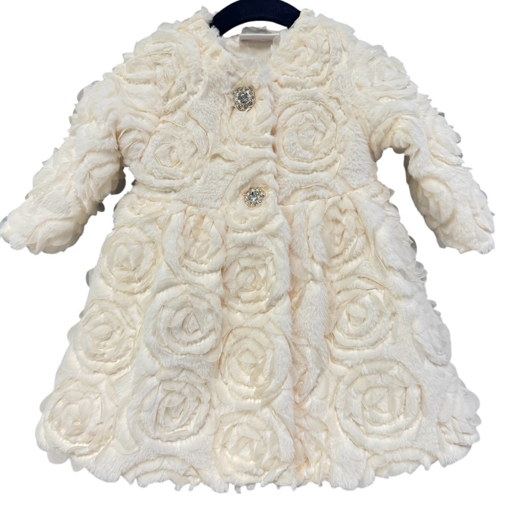 BLUEBERI BOULEVARD Cream /Ivory Rosette Plush Baby Coat Size 12mo